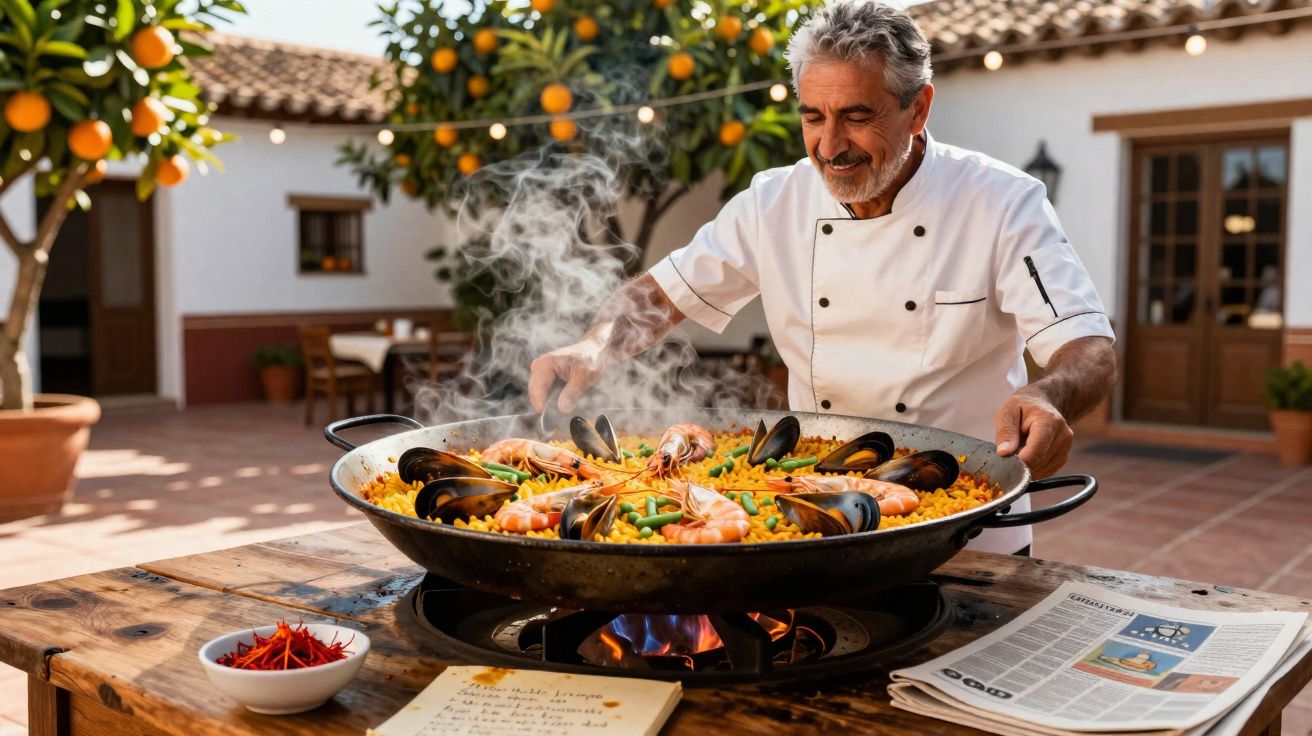 Chef masculino a servir paelha com camarões e mexilhões ao ar livre numa cozinha tradicional espanhola.