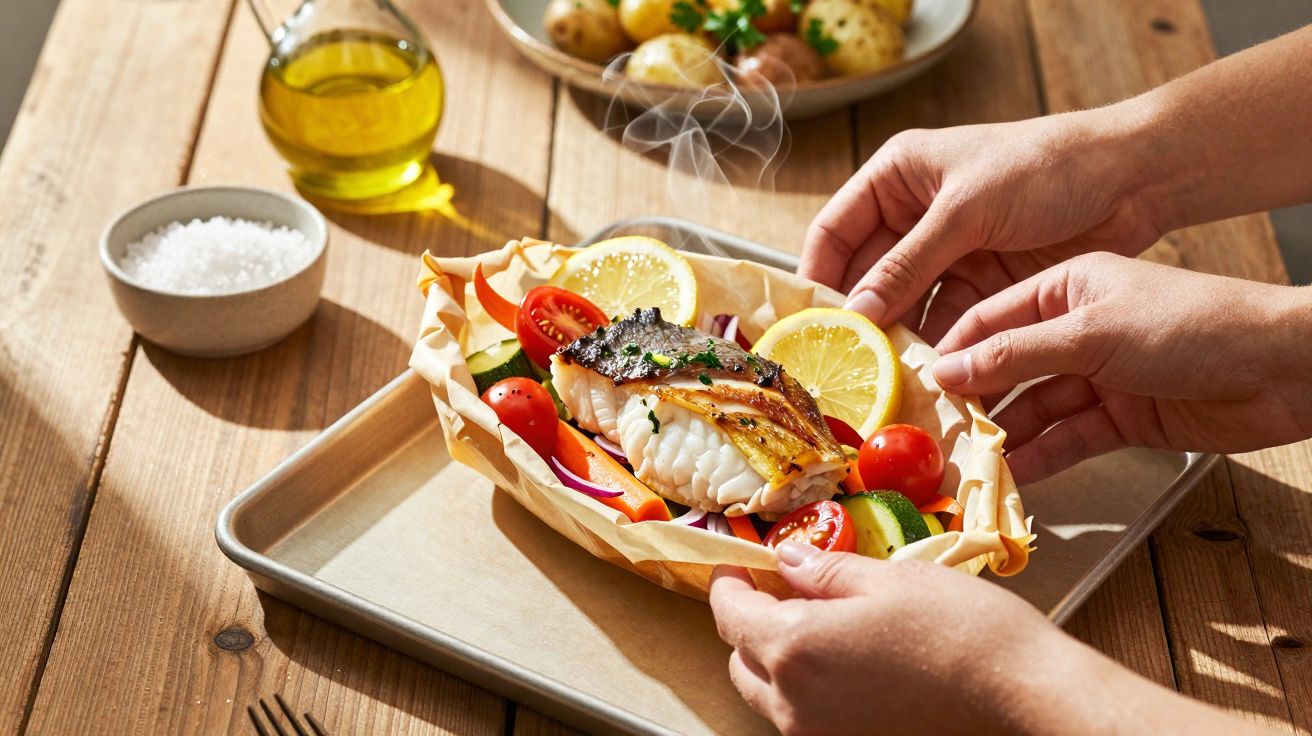 Mãos seguram peixe grelhado com legumes e limão num tabuleiro, com azeite, sal e batatas ao fundo.
