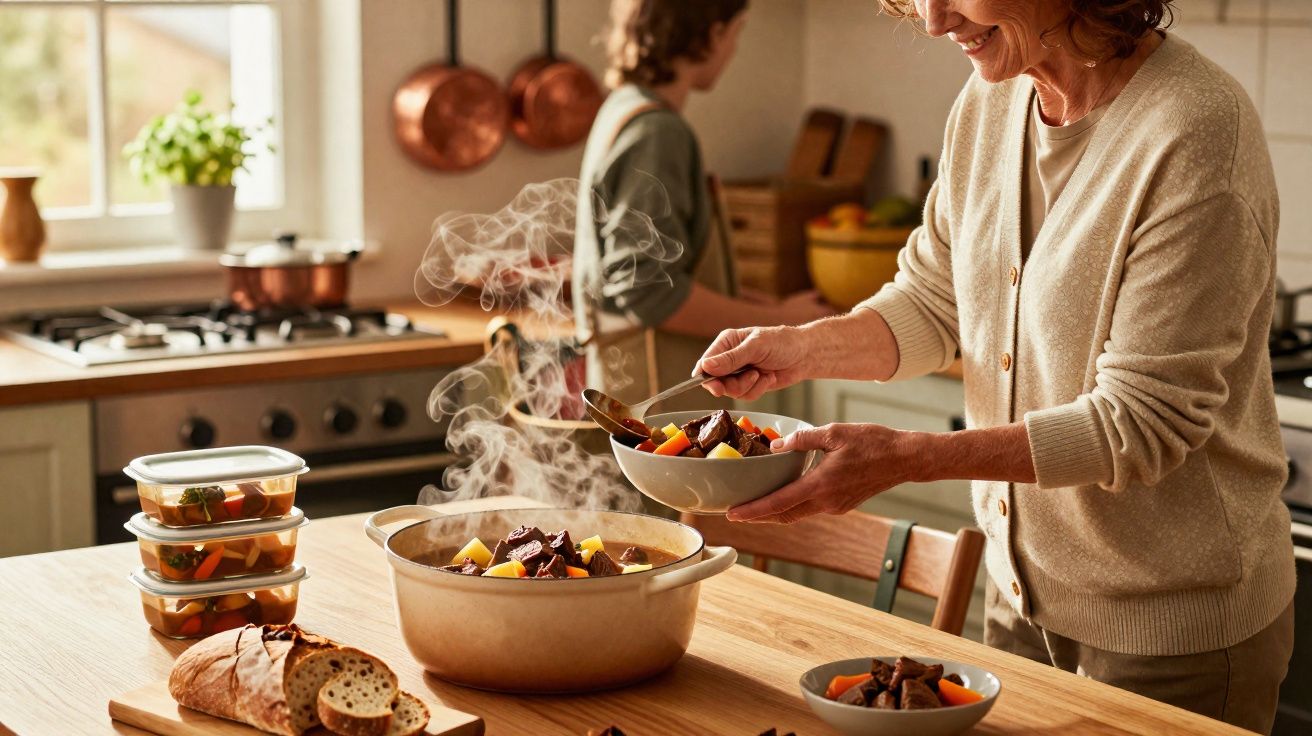 Mulher a servir sopa quente numa cozinha acolhedora com pão e recipientes ao lado.