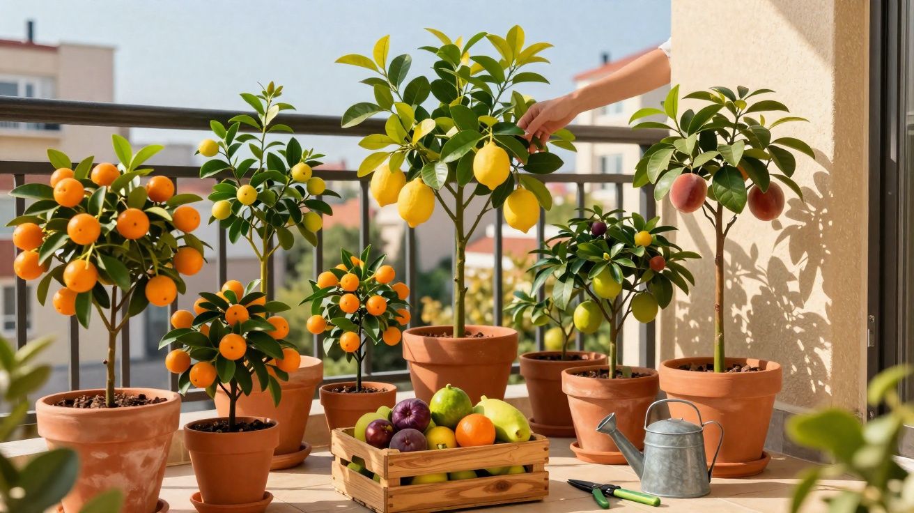 Varanda com várias plantas cítricas em vasos, caixa de frutas e mão a colher um fruto.