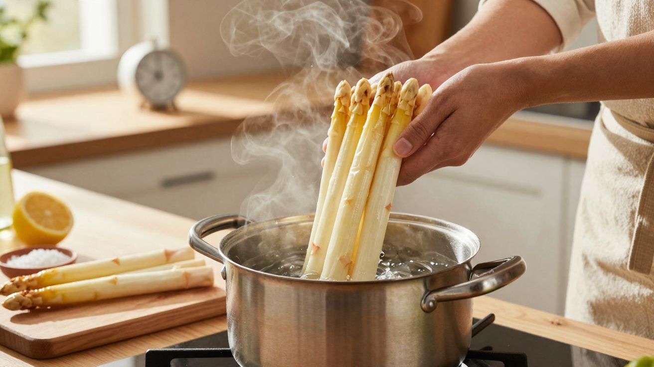Pessoa a cozer espargos brancos num tacho com água a ferver numa cozinha moderna.