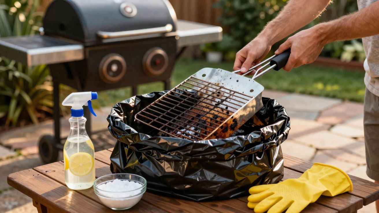 Pessoa a limpar grelha de churrasco com spray, escova e luvas amarelas numa mesa de madeira.