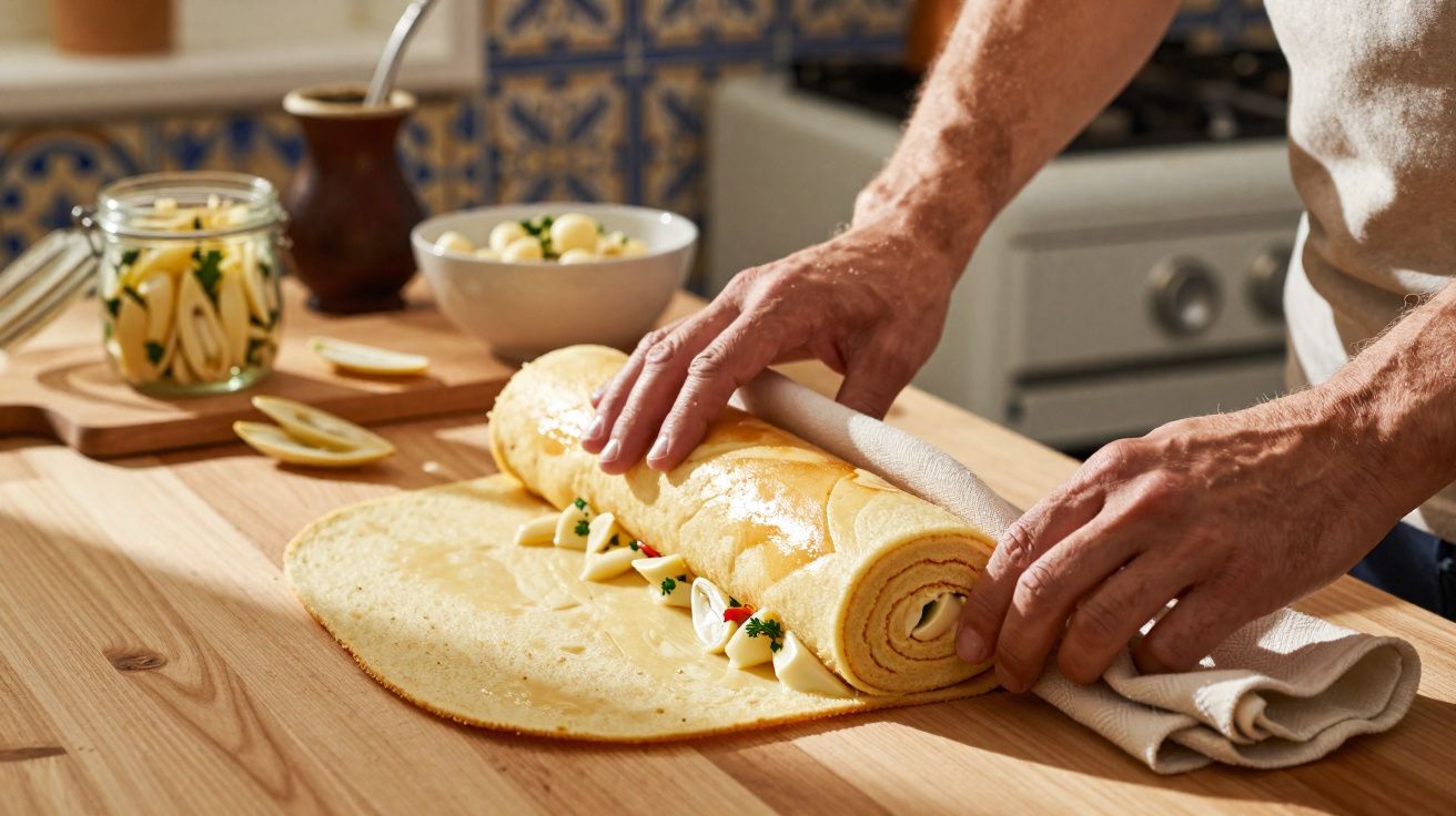 Pessoa a enrolar um rocambole recheado com queijo numa mesa de madeira numa cozinha.