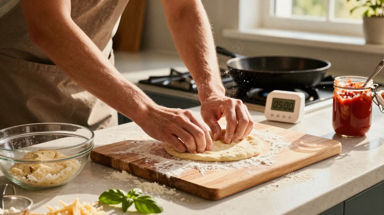 Pessoa a esticar massa de pizza numa tábua de madeira numa cozinha ensolarada com ingredientes à volta.