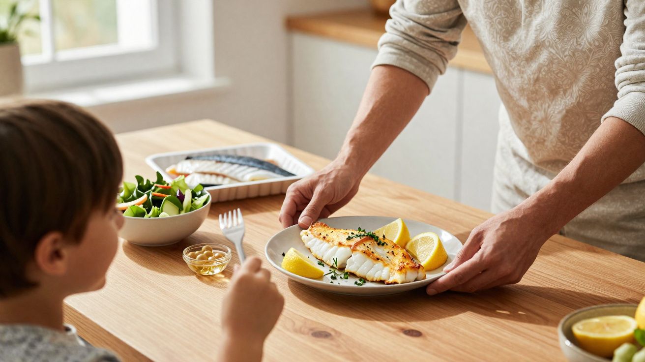 Pessoa a servir prato com peixe grelhado e limão para criança numa mesa de cozinha.