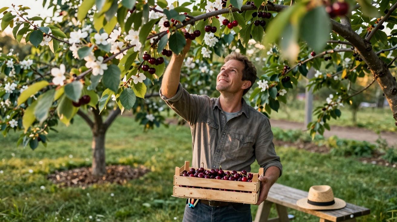 Homem a colher cerejas maduras numa árvore com caixa de madeira cheia de frutos na mão.
