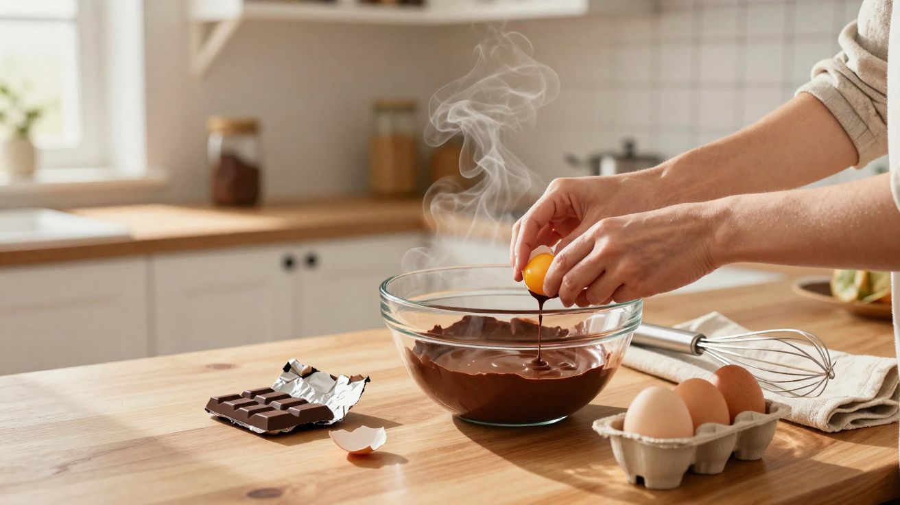 Mãos a partir um ovo para misturar numa taça com chocolate derretido na cozinha.