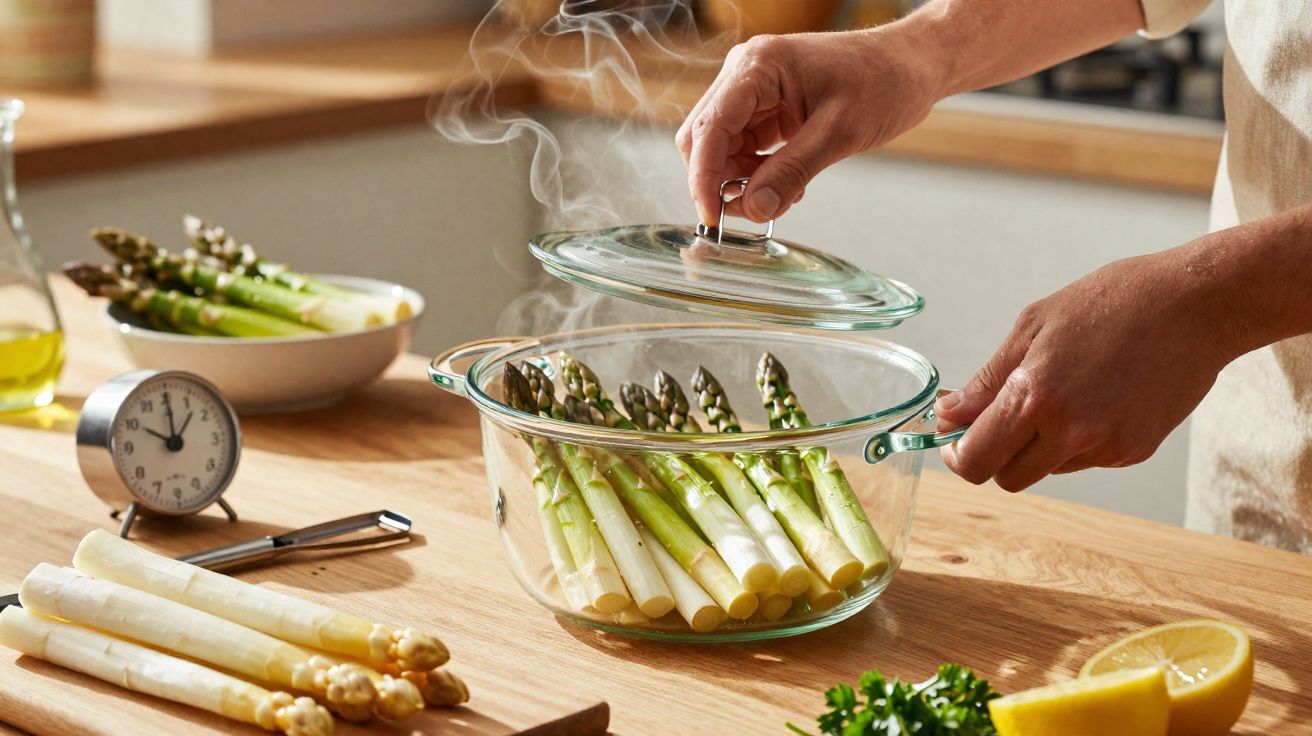 Mãos a levantar tampa de tacho de vidro com espargos a cozer, numa cozinha luminosa.