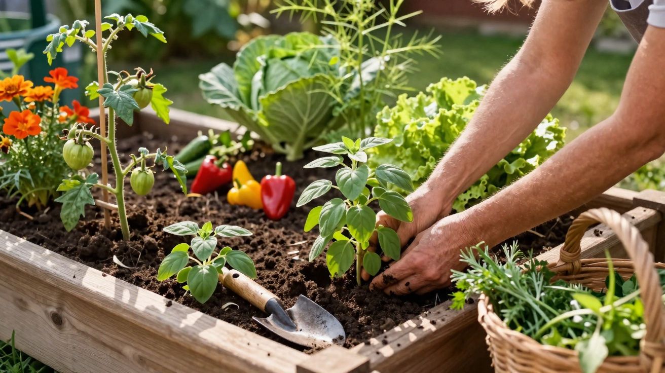 Pessoa a plantar ervas aromáticas numa horta elevada com legumes e flores ao redor.