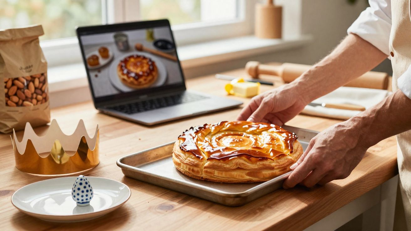 Pessoa a retirar do forno tarte dourada num tabuleiro numa cozinha com coroa e tablet ao fundo.