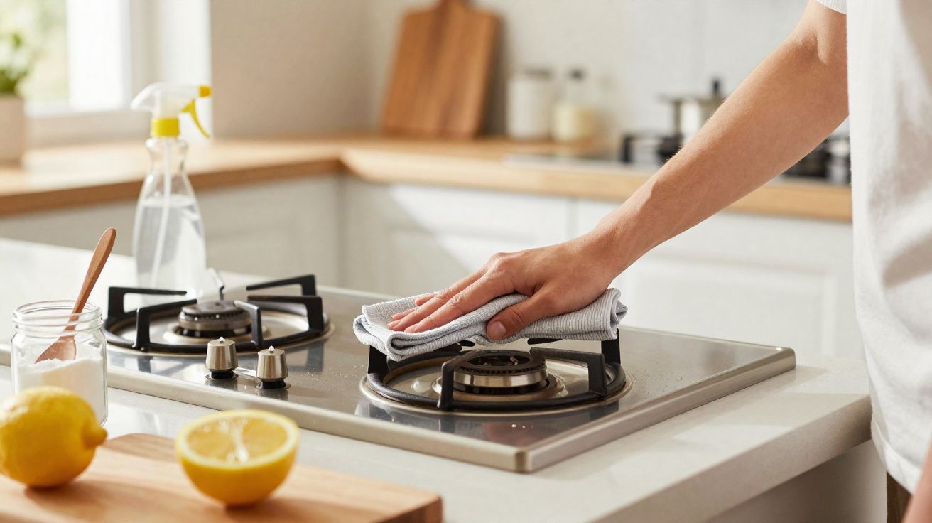 Pessoa a limpar fogão a gás com pano numa cozinha moderna clara e organizada.