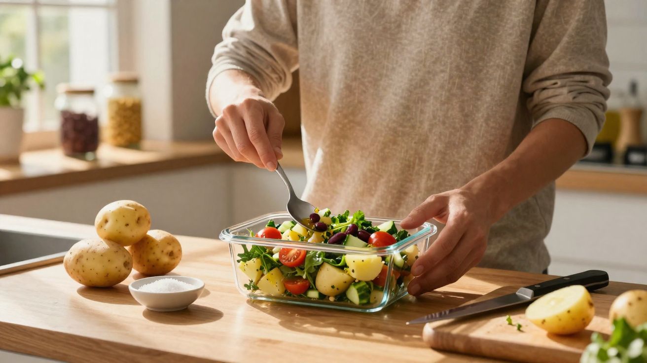 Pessoa a preparar salada de batata com legumes frescos numa cozinha bem iluminada.
