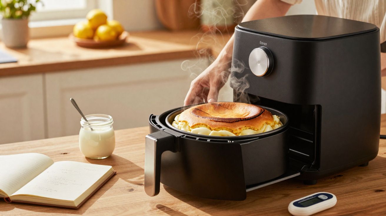 Francesinha a sair fumegante de uma fritadeira elétrica preta numa cozinha iluminada.