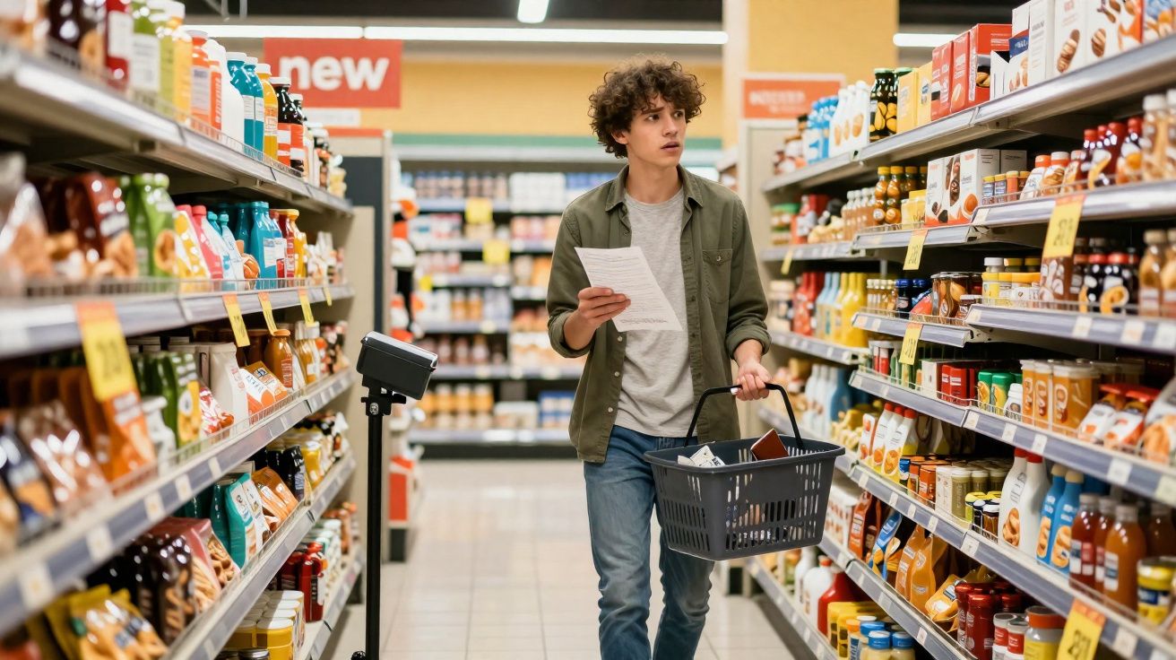 Jovem a fazer compras num supermercado, segurando uma lista e um cesto cheio de produtos variados.