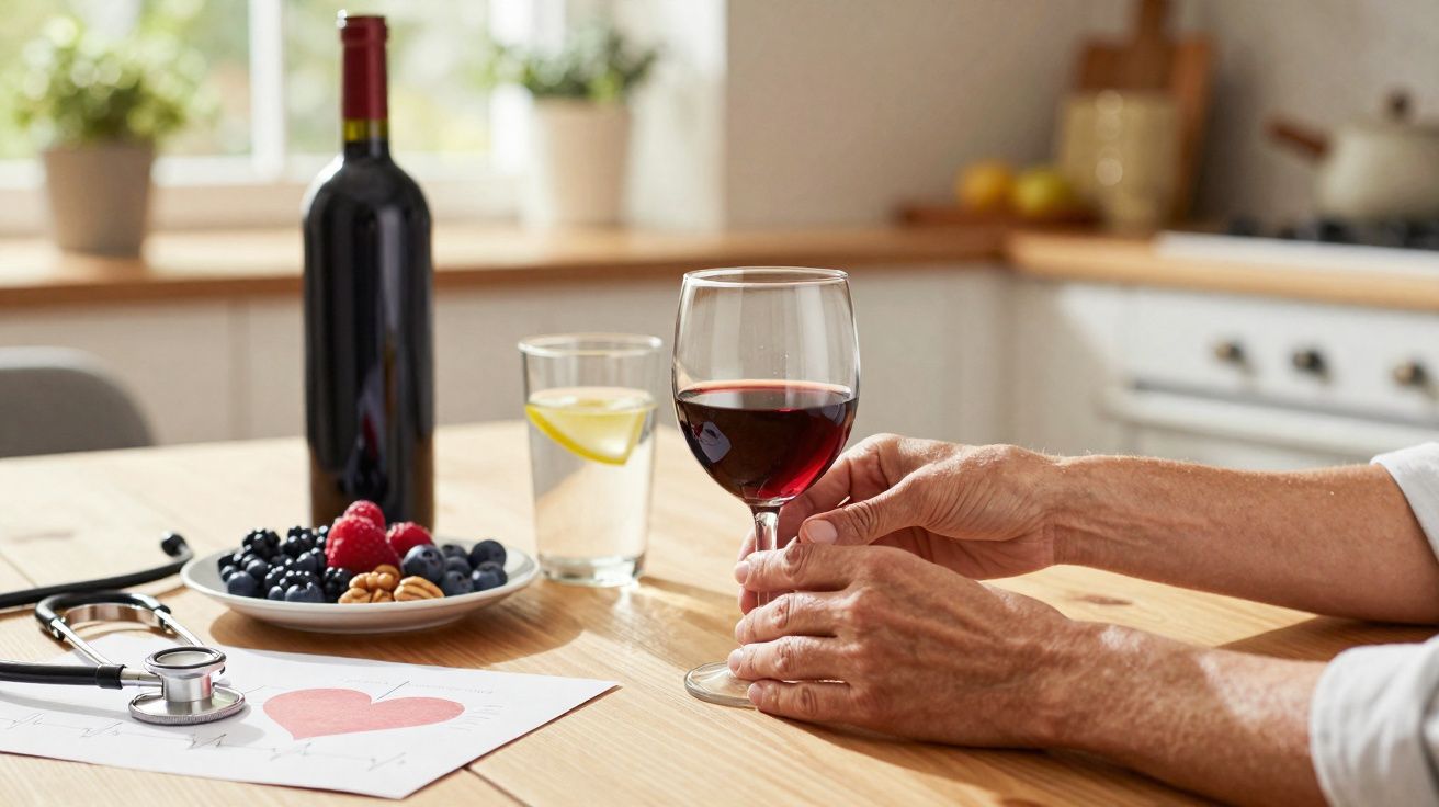 Mãos segurando copo de vinho tinto numa mesa com garrafa, frutas, copo de água com limão e estetoscópio.