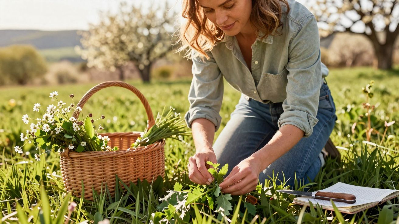 Mulher colhendo ervas frescas num campo verde com cesto de flores e caderno ao lado.