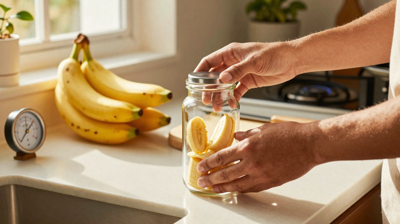 Mãos a guardar rodelas de banana num frasco de vidro numa bancada de cozinha com cacho de bananas.