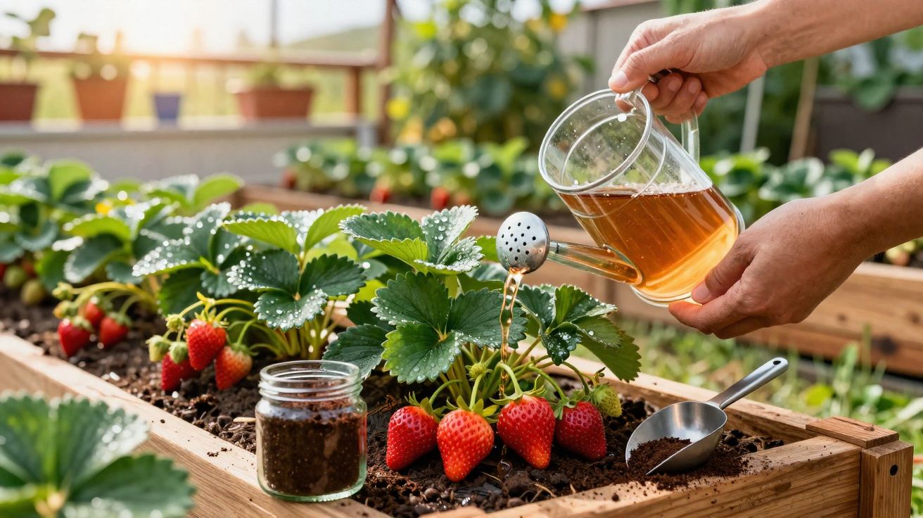 Pessoa a regar planta de morango com regador de vidro em horta urbana com terra e morangos maduros.