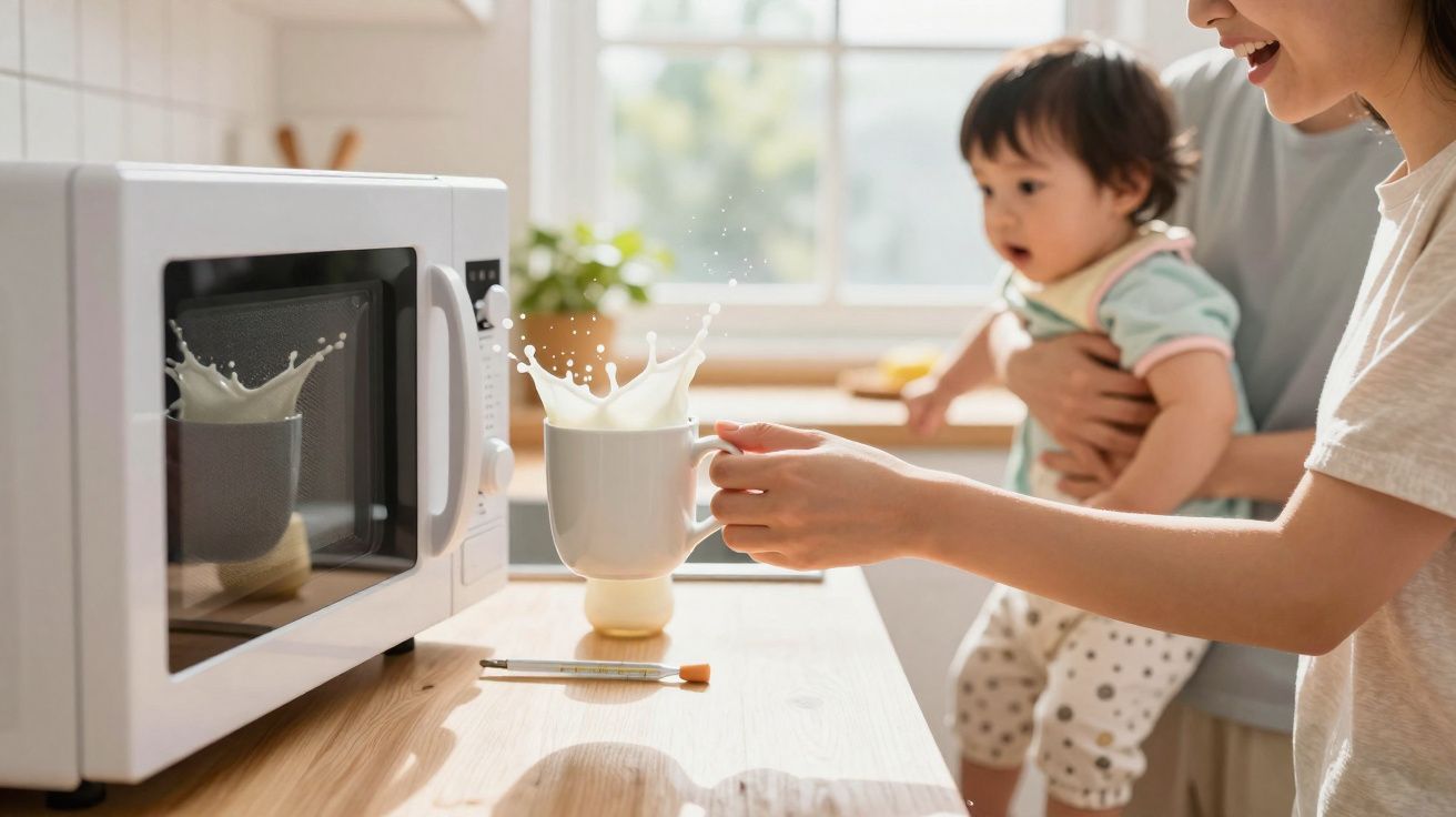 Mulher segura caneca de leite que derrama junto a micro-ondas, enquanto segura bebé no colo numa cozinha luminosa.