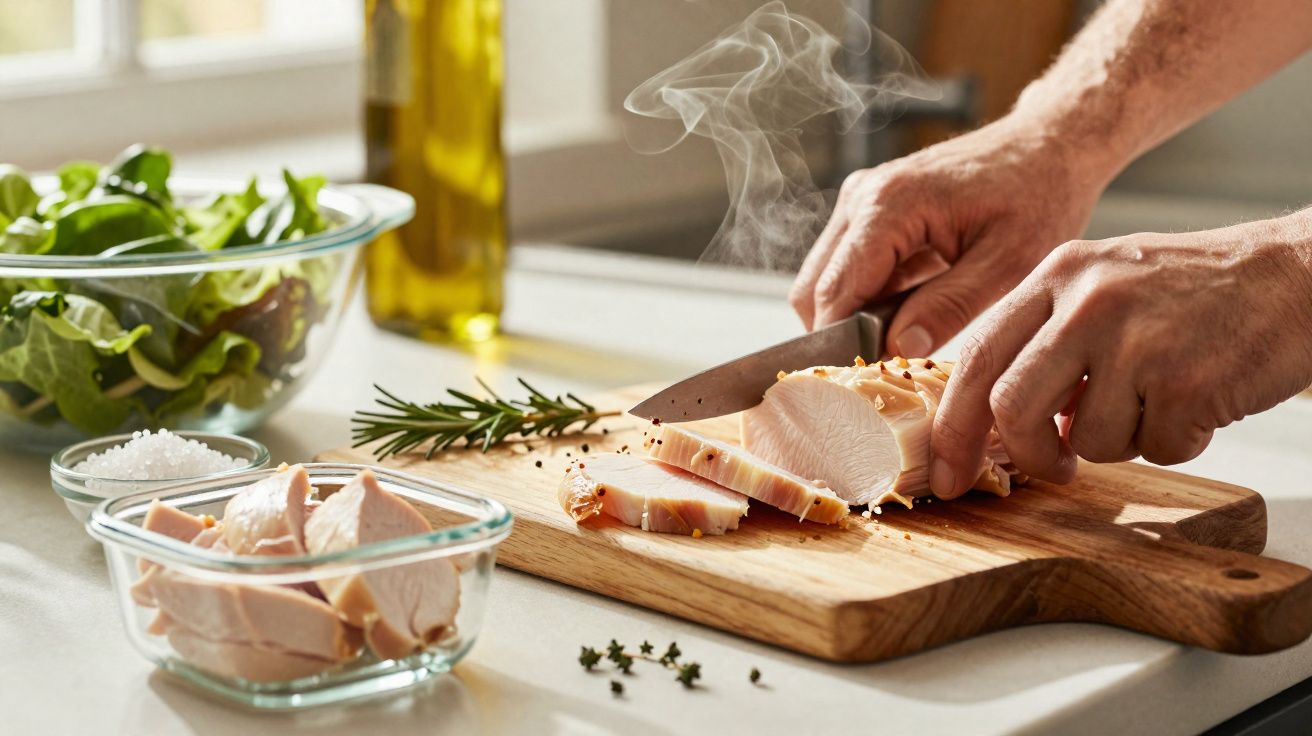 Mãos a cortar peito de peru fumado em tábua de madeira com ervas, azeite e sal na bancada da cozinha.