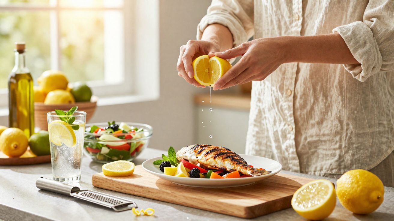 Pessoa a espremer limão sobre prato com peixe grelhado e legumes numa cozinha iluminada.