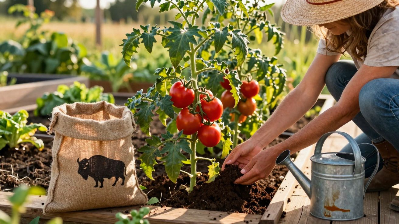 Pessoa com chapéu a cuidar de tomateiras num jardim, ao lado de um saco de juta e um regador metálico.