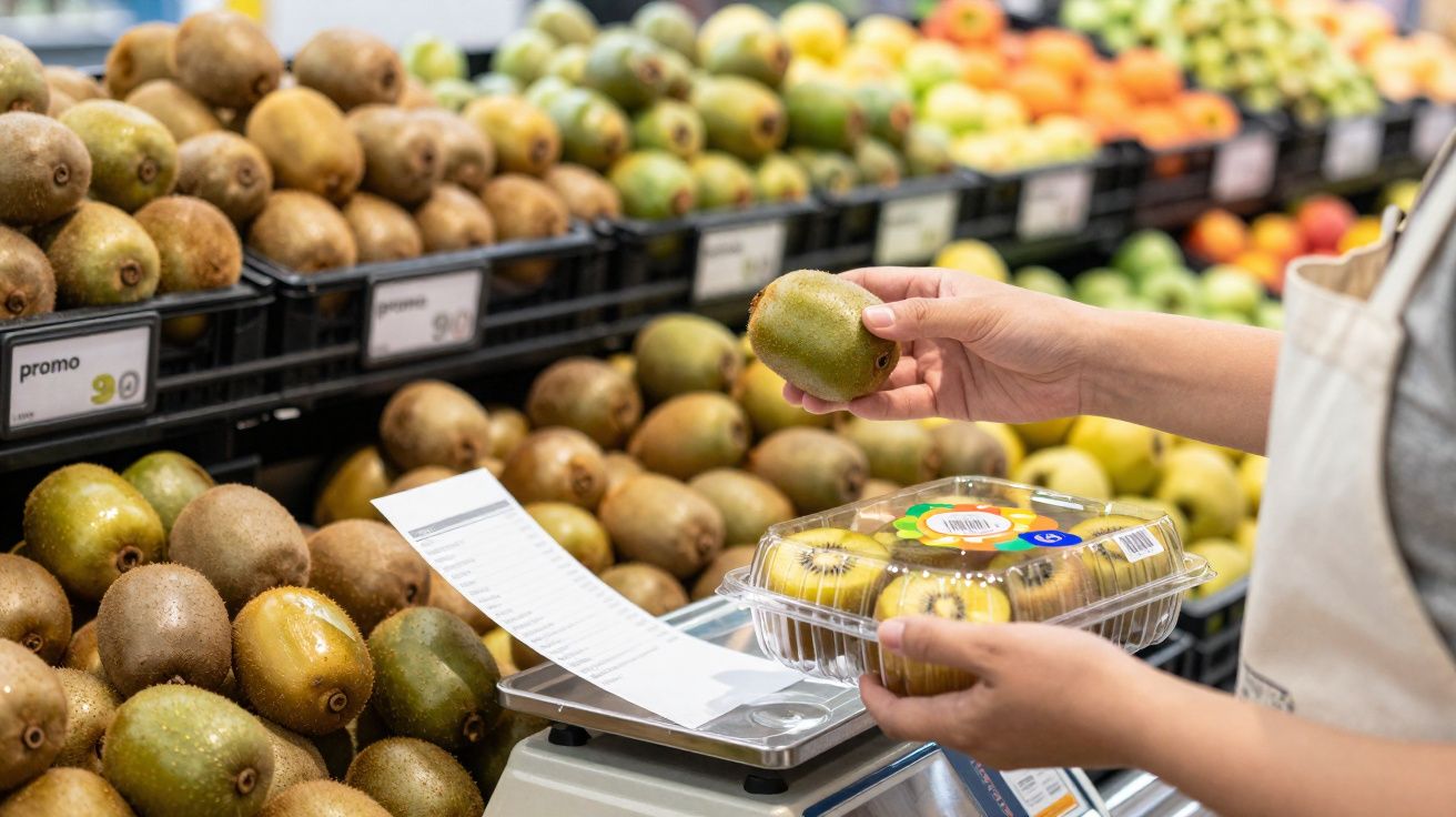 Pessoa a pesar kiwis frescos num supermercado com frutas em fundo desfocado.