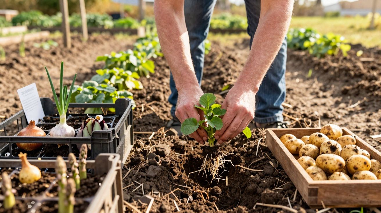 Pessoa a plantar uma muda numa horta com caixas de legumes e batatas ao lado.