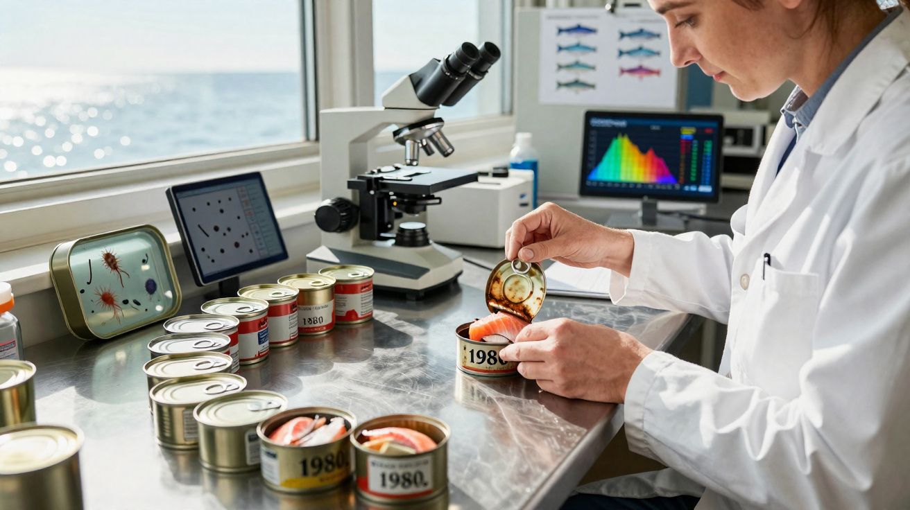 Cientista examina conteúdo de latas de peixe num laboratório junto a microscópio e monitor com gráficos.