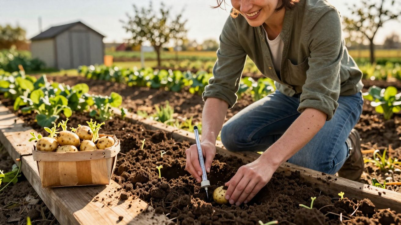 Mulher a plantar batatas num canteiro de terra numa horta ao ar livre com cesto de batatas ao lado.