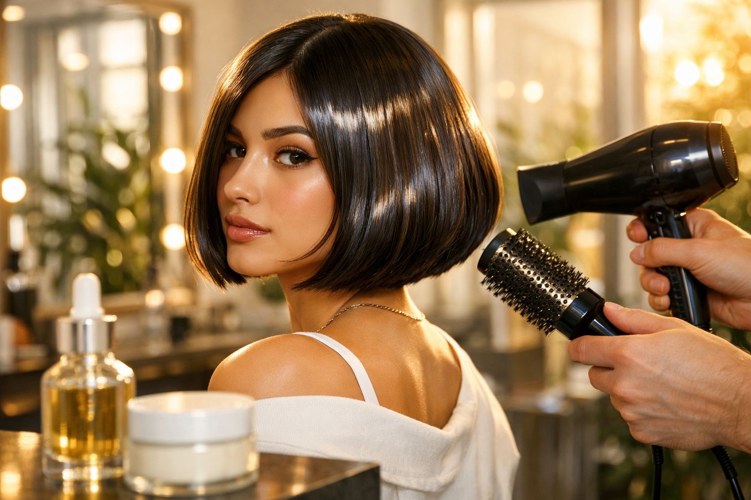 Mulher com cabelo curto e liso a ser estilizado com secador e escova redonda num salão de beleza.