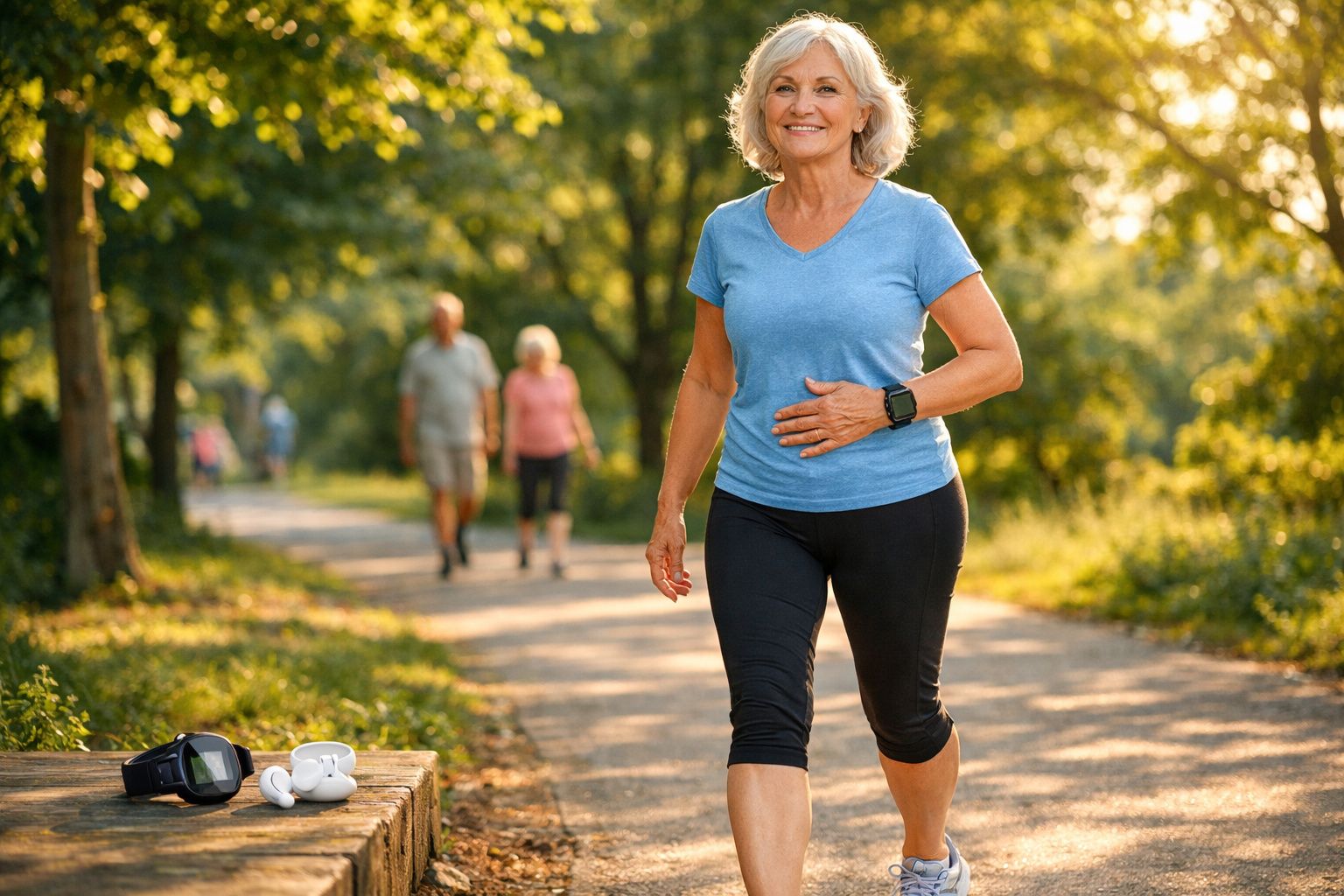 Mulher sénior a caminhar num parque ensolarado com pessoas ao fundo e auriculares numa mesa próxima.