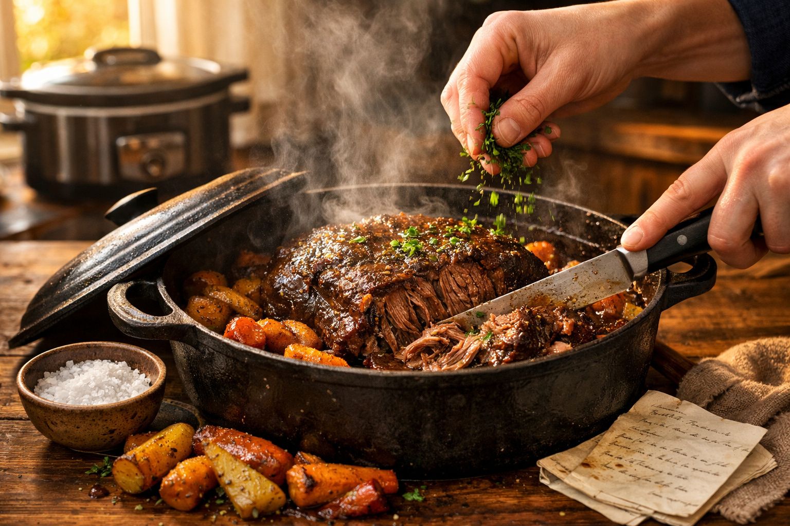 Mão a temperar carne assada fumegante num tabuleiro com cenouras e batatas ao redor numa mesa rústica.