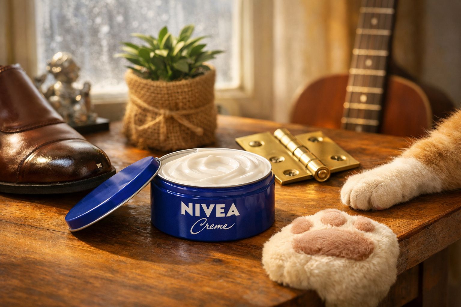 Pote aberto de creme Nivea numa mesa de madeira com pé e pata de gato, sapato, planta, dobradiça e guitarra ao fundo.