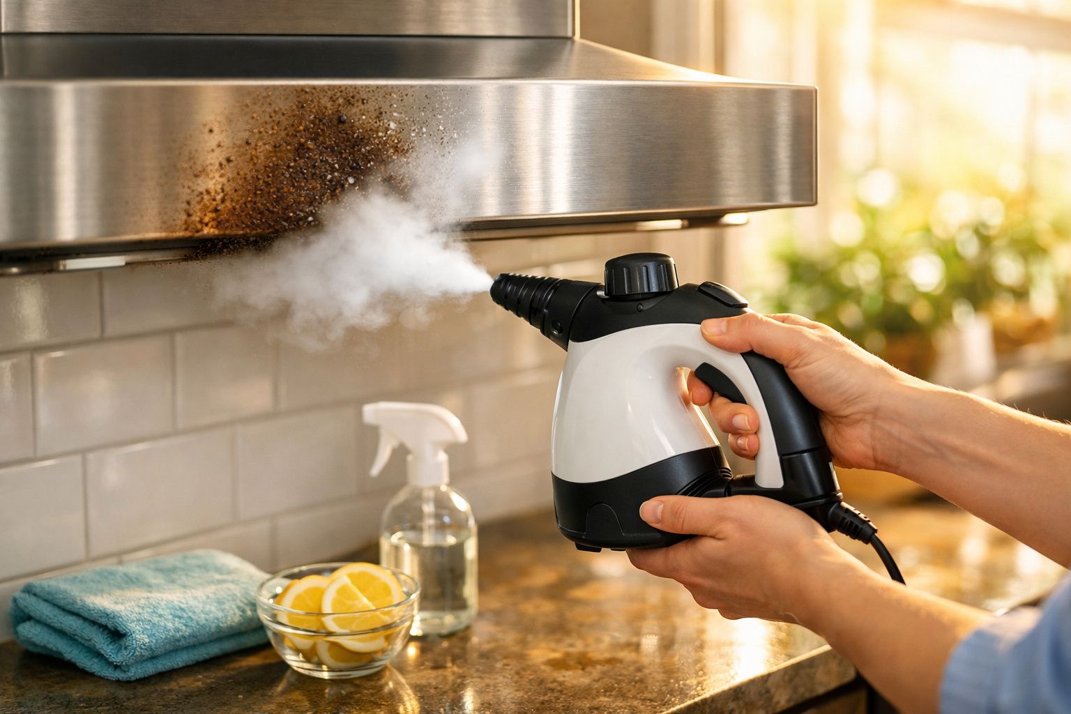 Pessoa a limpar fumo e sujidade de exaustor de cozinha com vaporizador a vapor branco.