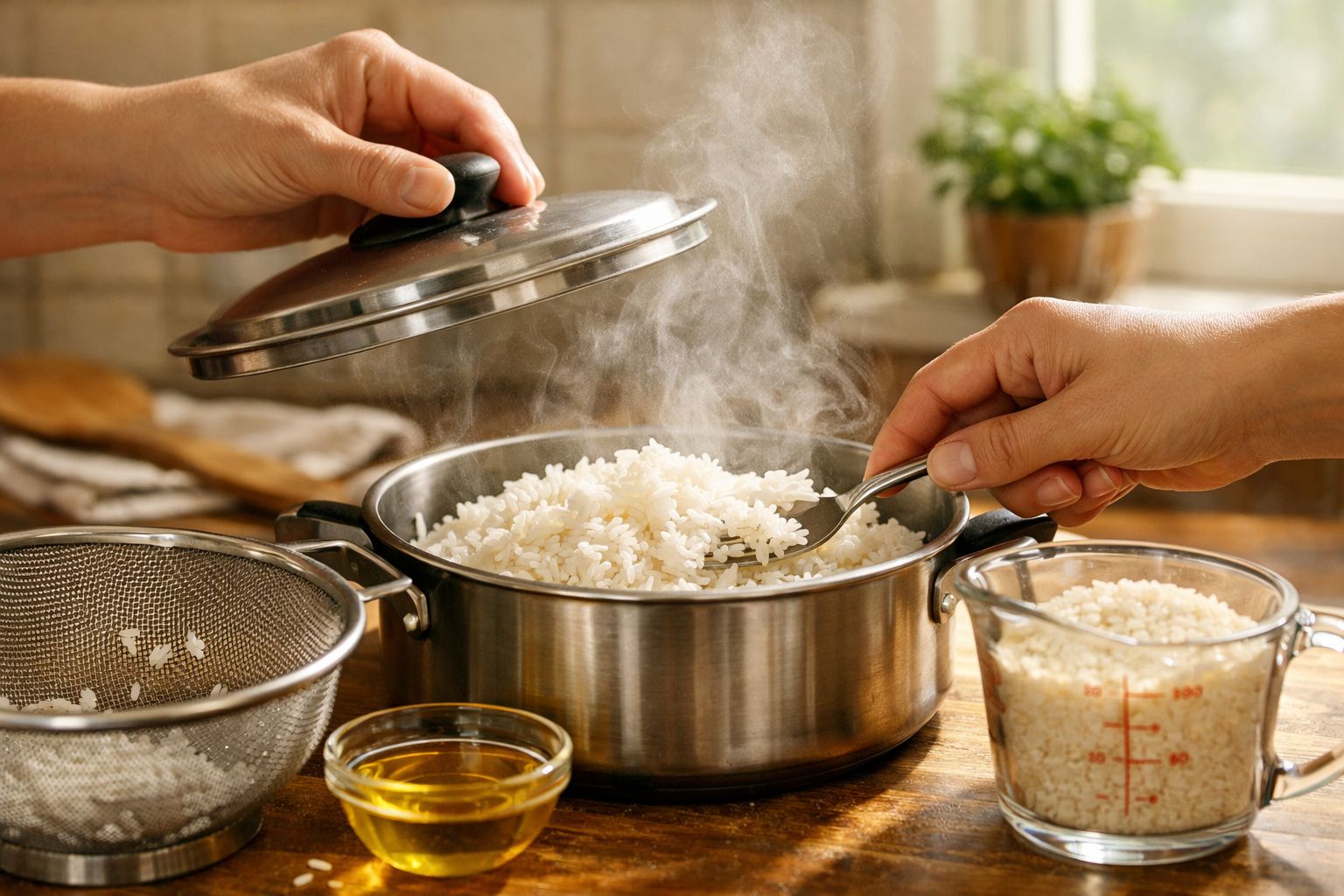 Mãos a abrir tampa de panela com arroz branco a cozinhar e vapor a sair, num ambiente de cozinha iluminada.