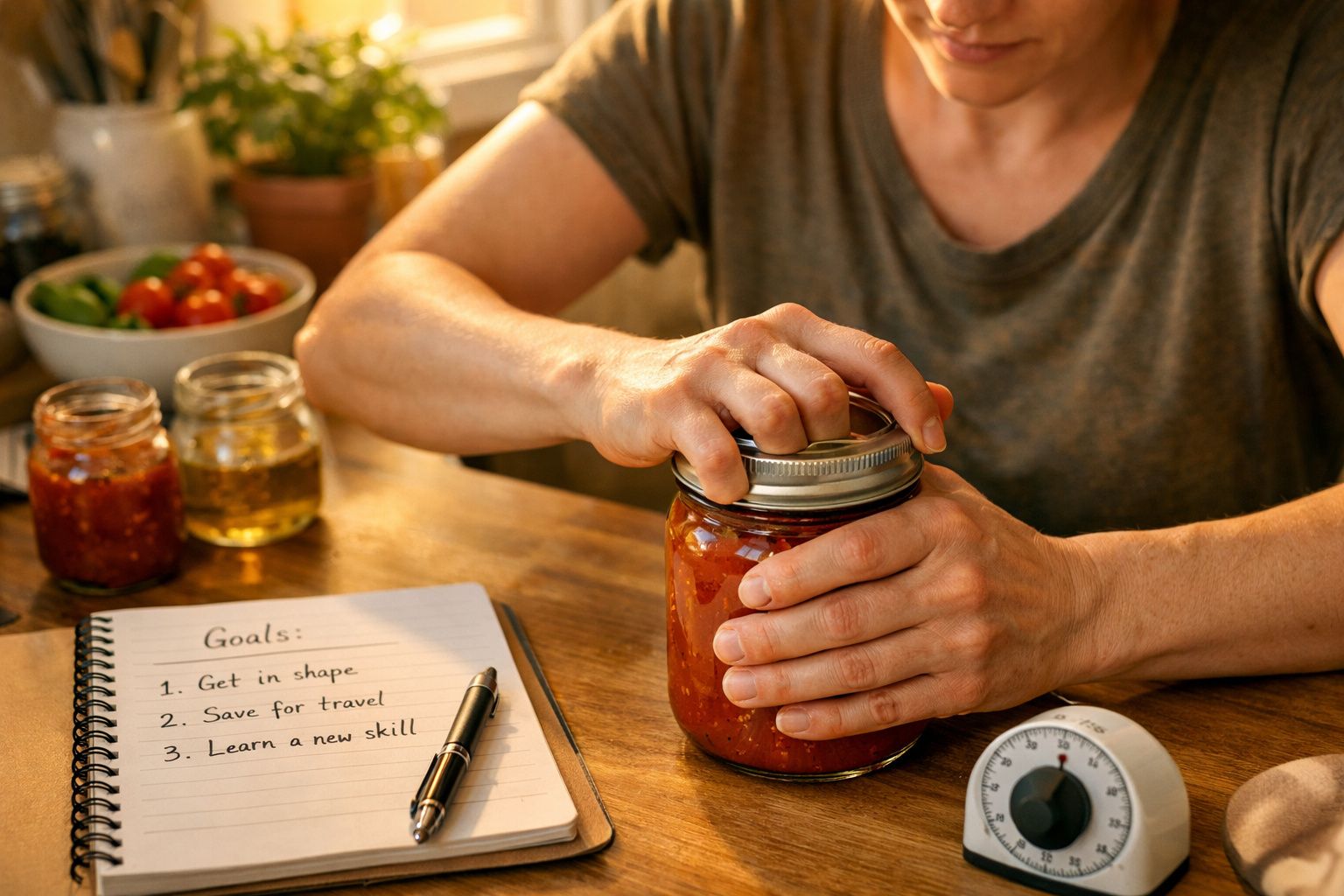 Pessoa a fechar frasco de compota caseira numa mesa com caderno de objetivos e legumes ao fundo.