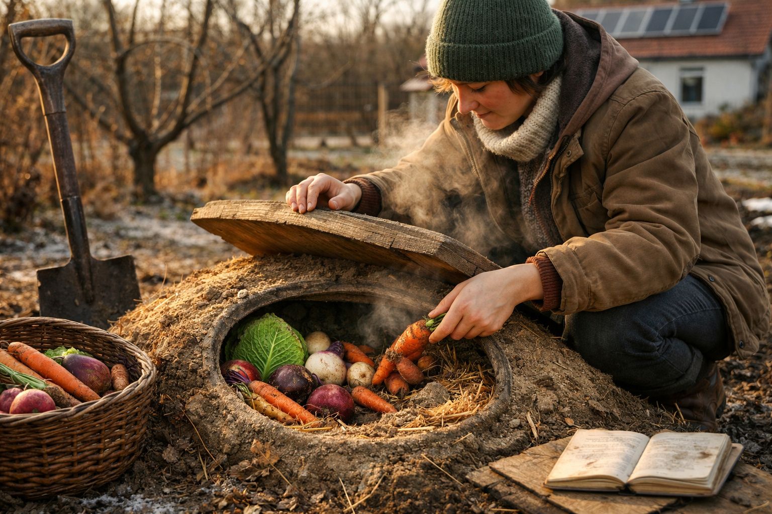Pessoa a guardar legumes frescos em câmara subterrânea de barro num ambiente rural no Outono.