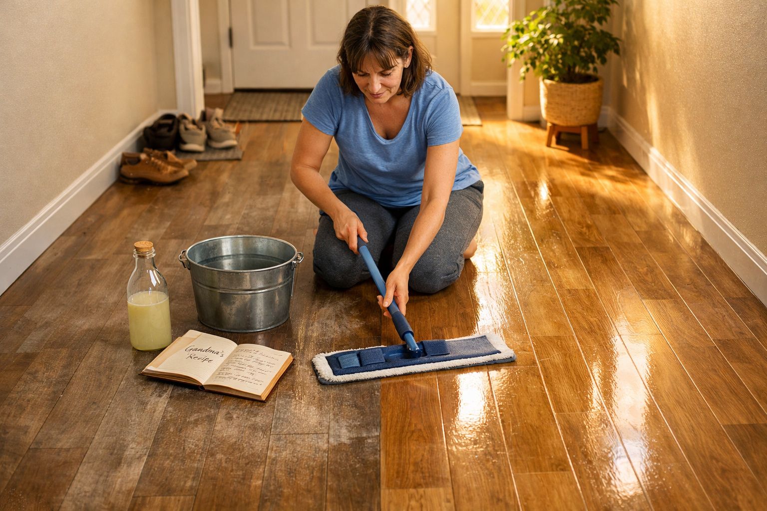 Mulher a limpar chão de madeira com esfregona azul, com balde e livro aberto ao lado no corredor.