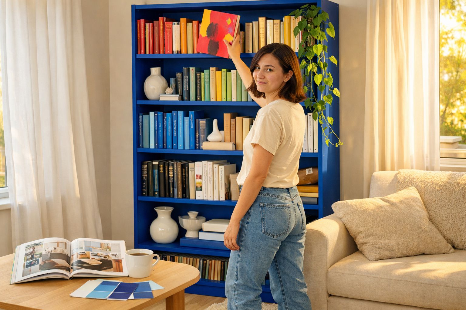 Mulher a escolher um livro numa estante azul numa sala iluminada e acolhedora.