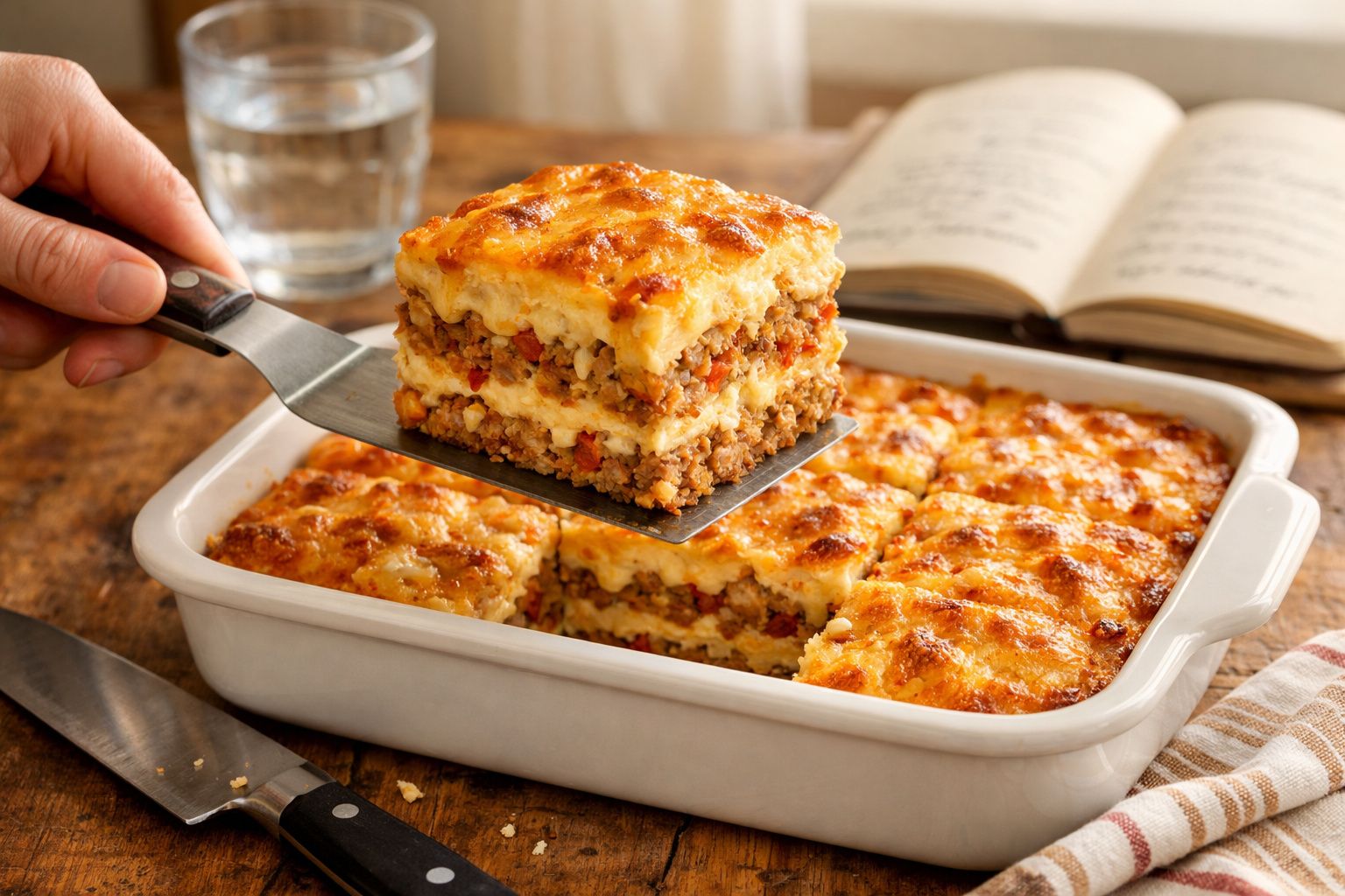 Lasanha caseira com carne, queijo gratinado, servida numa travessa branca numa mesa de madeira.