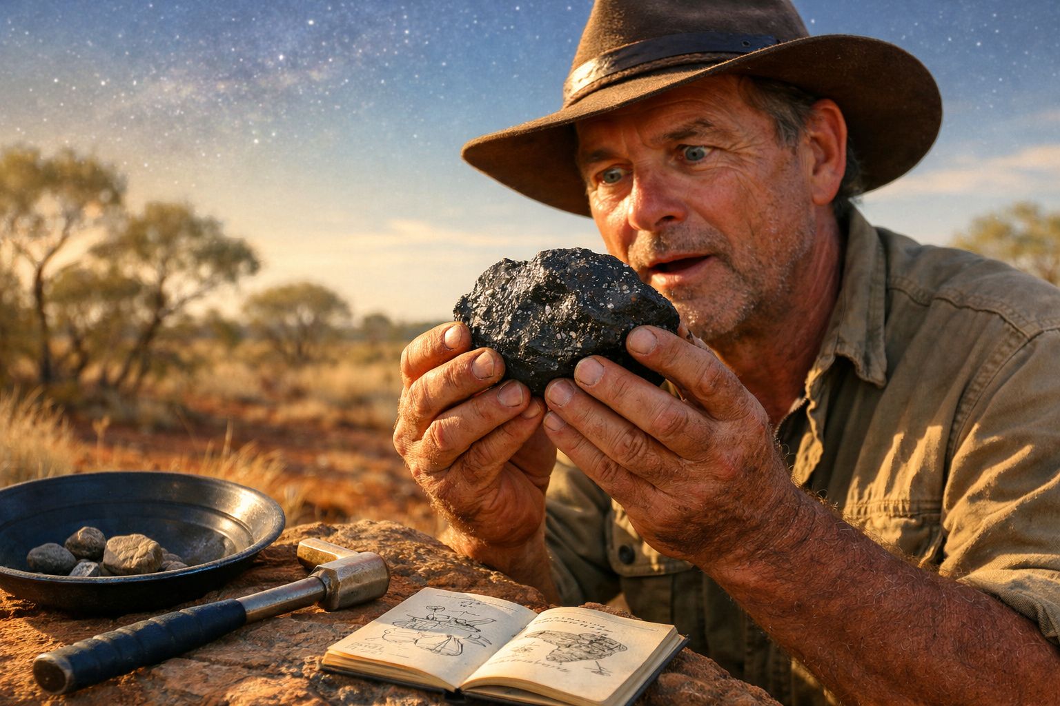 Homem com chapéu encontra rocha negra em campo seco, com martelo e caderno aberto na pedra à sua frente.