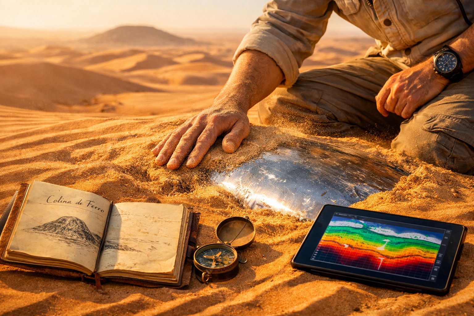 Pessoa em deserto com mão na areia, perto de bússola, caderno com desenho e tablet colorido.