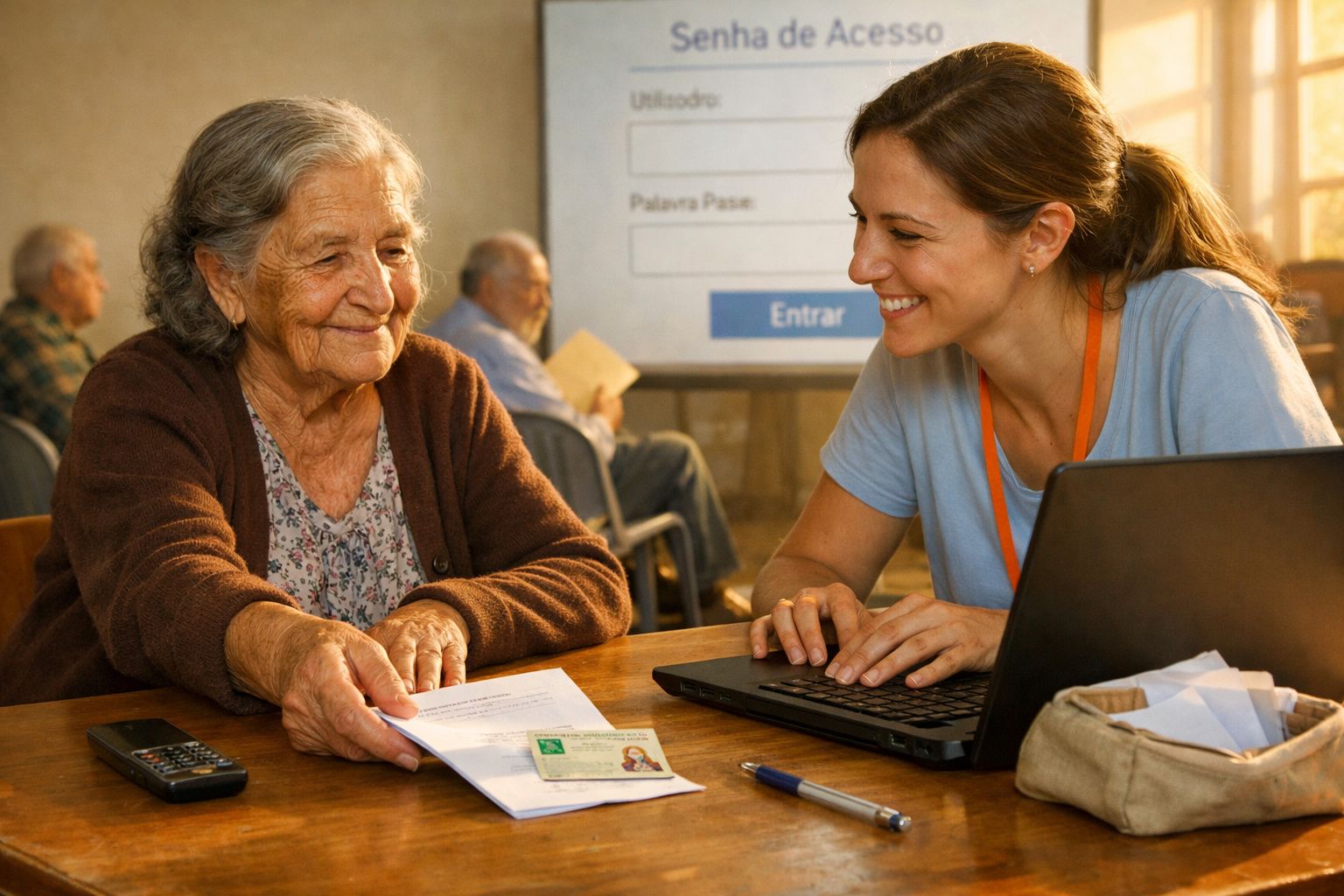 Idosa entrega documentos a jovem voluntária num centro de apoio comunitário com sorrisos e computador.