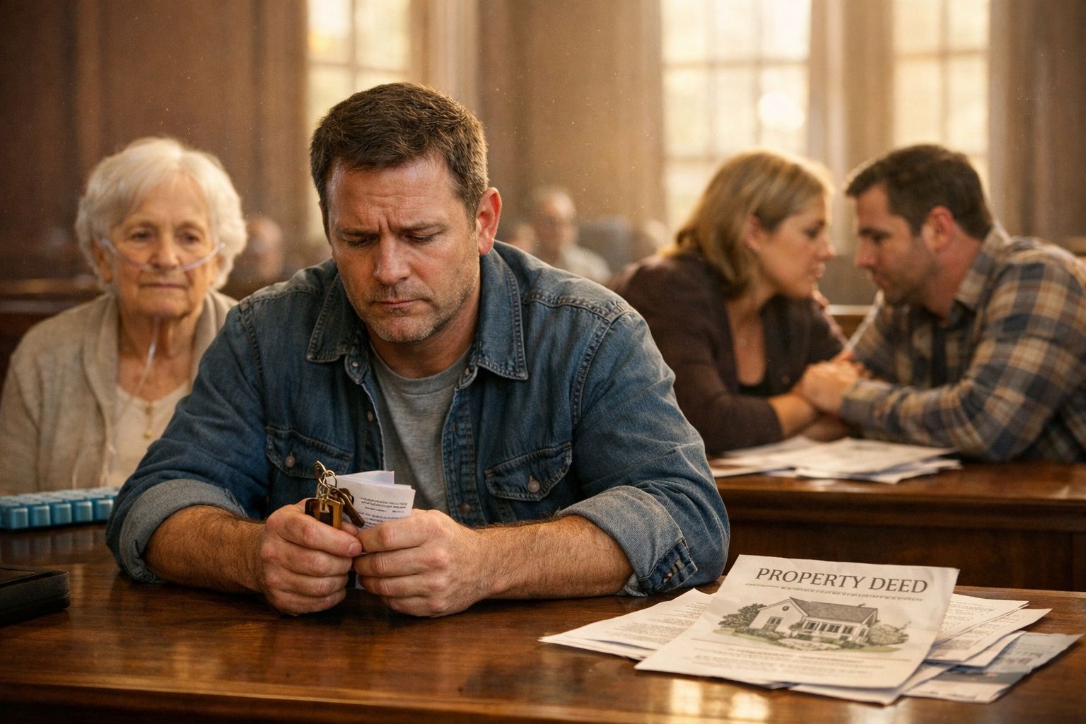 Homem preocupado lê documentos numa sala, com mulher idosa e casal ao fundo em conversa próxima.