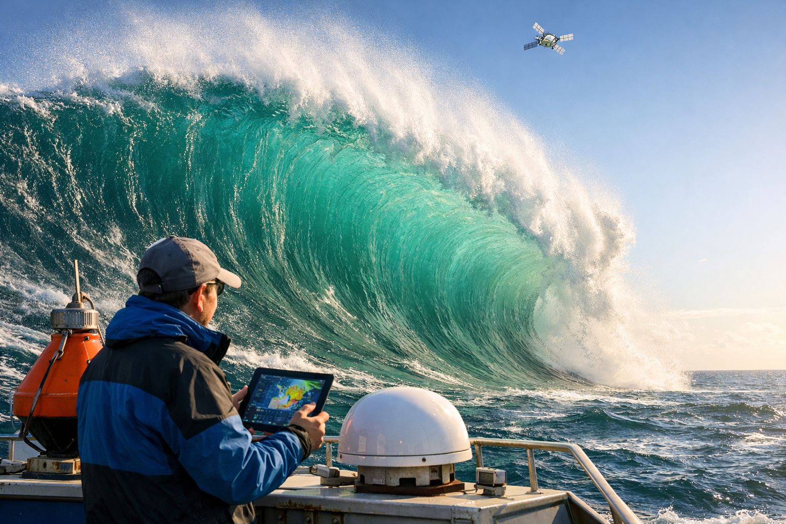 Homem com tablet observa grande onda azul a formar-se no mar durante o dia a partir de um barco.