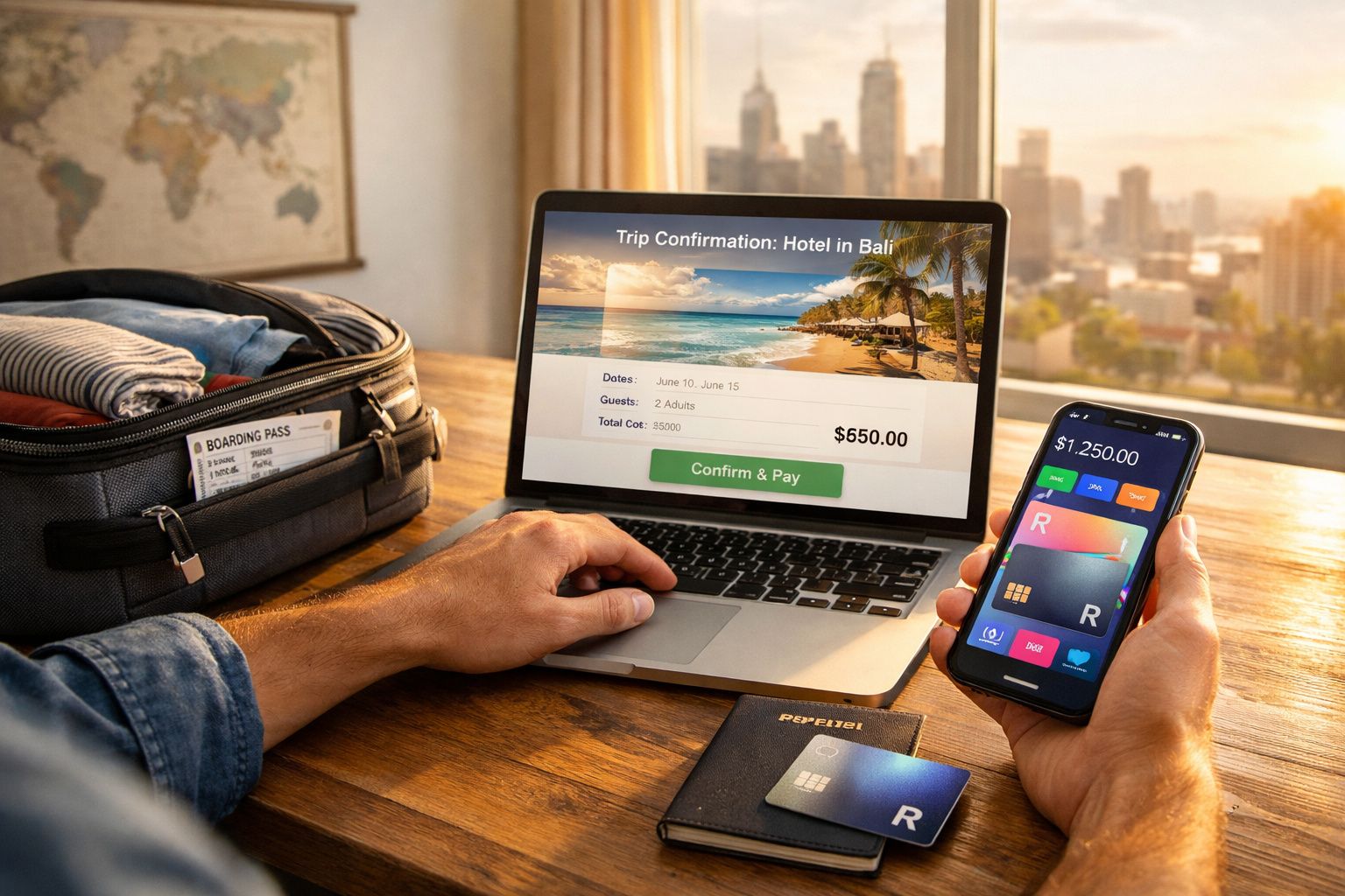 Pessoa a reservar hotel em Bali no computador portátil enquanto segura telemóvel com saldo e cartão bancário.