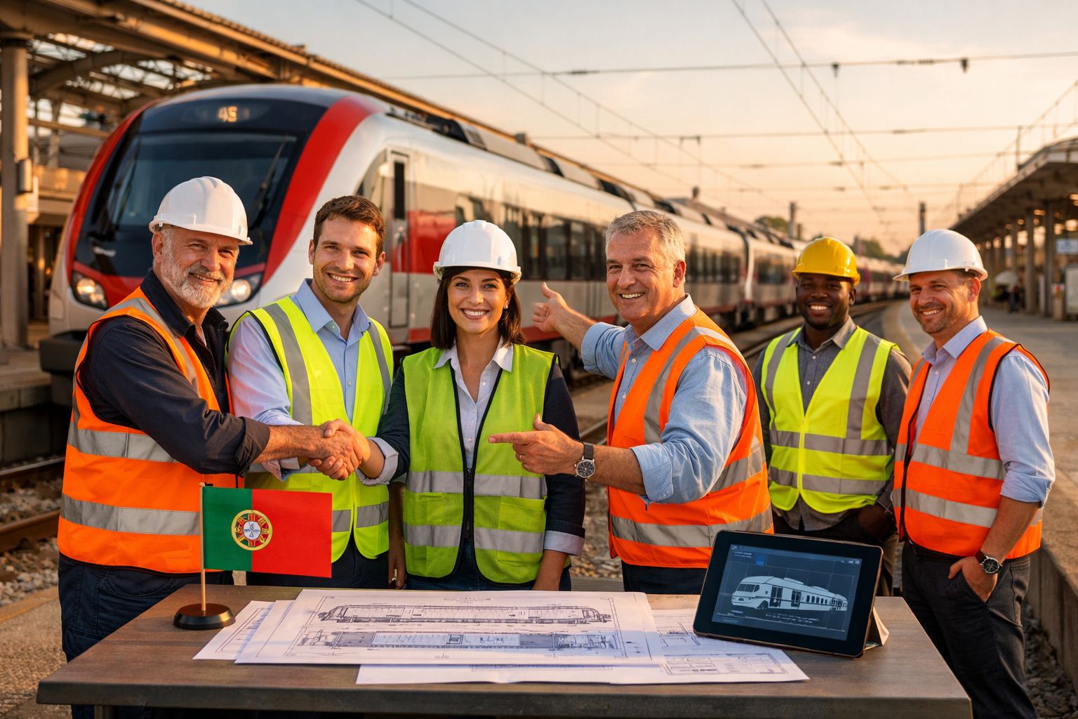 Engenheiros com coletes e capacetes em estação ferroviária com plano e comboio moderno ao fundo.