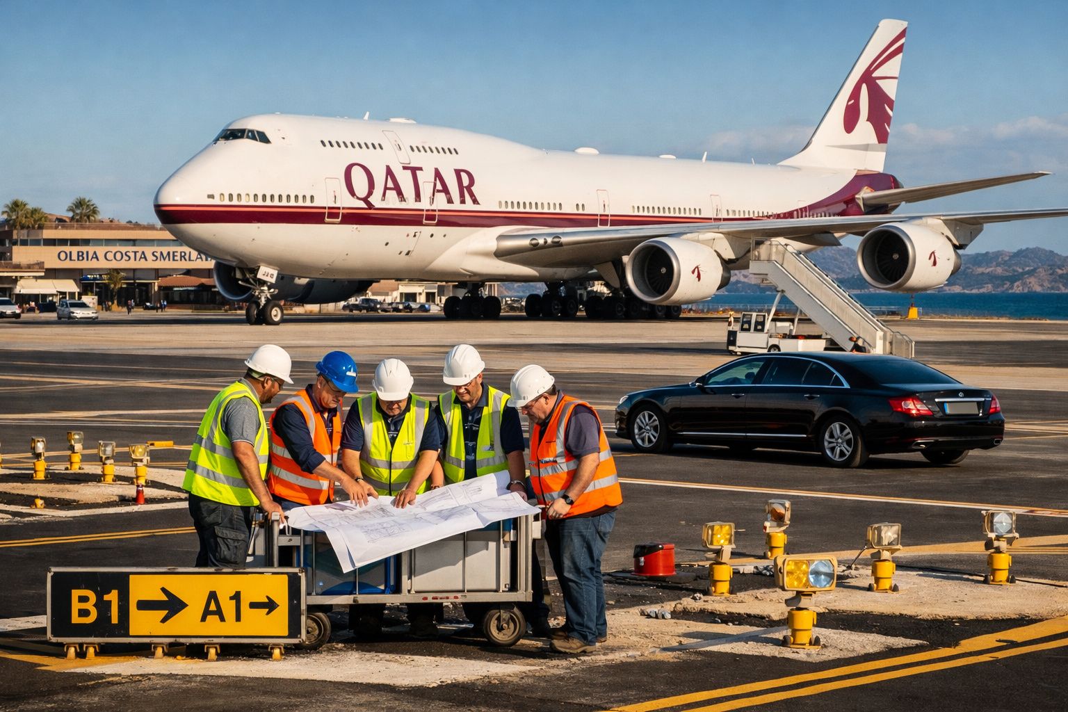 Cinco trabalhadores em coletes e capacetes analisam planta no aeroporto, com avião Qatar e carrinha preta ao fundo.