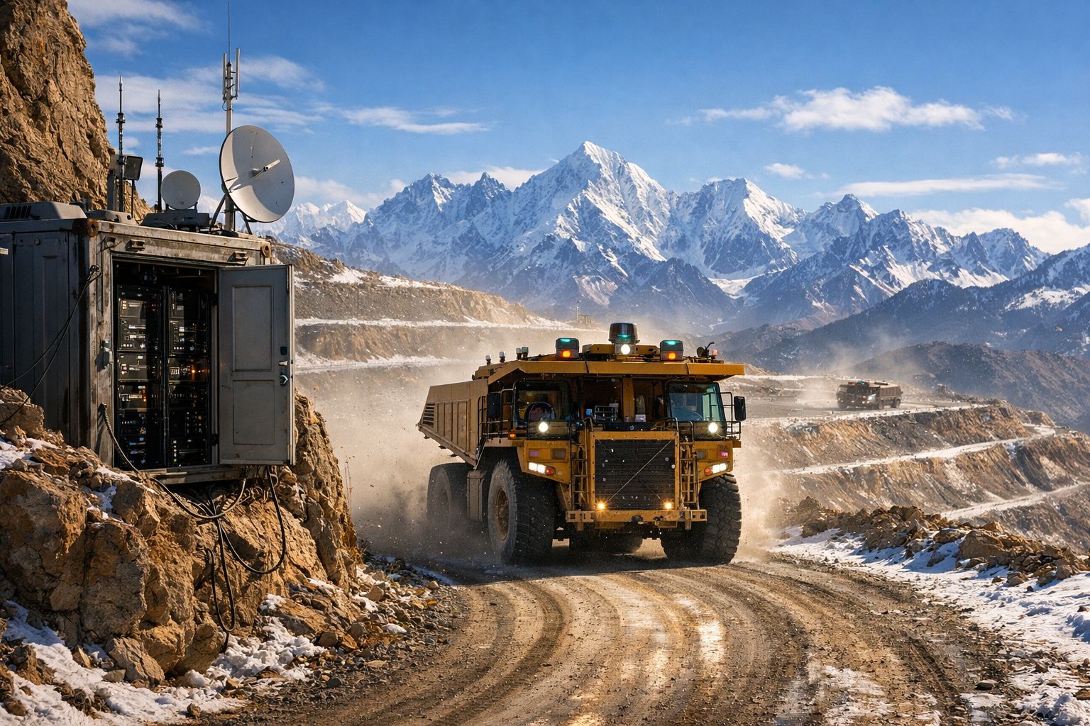 Camião de mineração a circular numa estrada de terra em terreno montanhoso com picos nevados ao fundo.